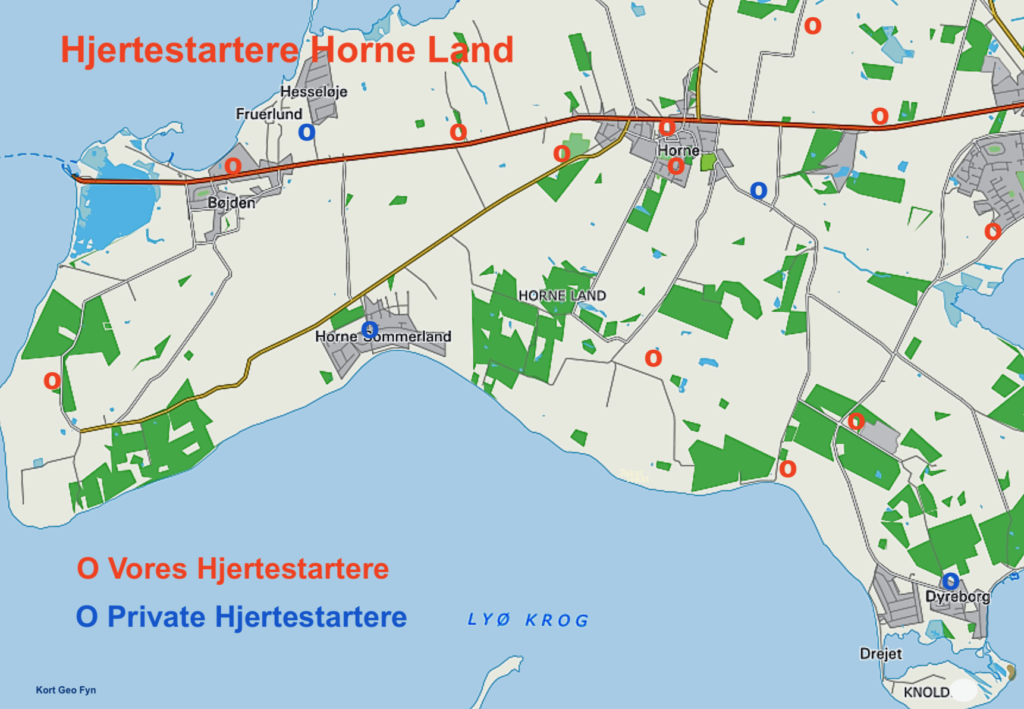 Kort over hjertestartere på Horne Land